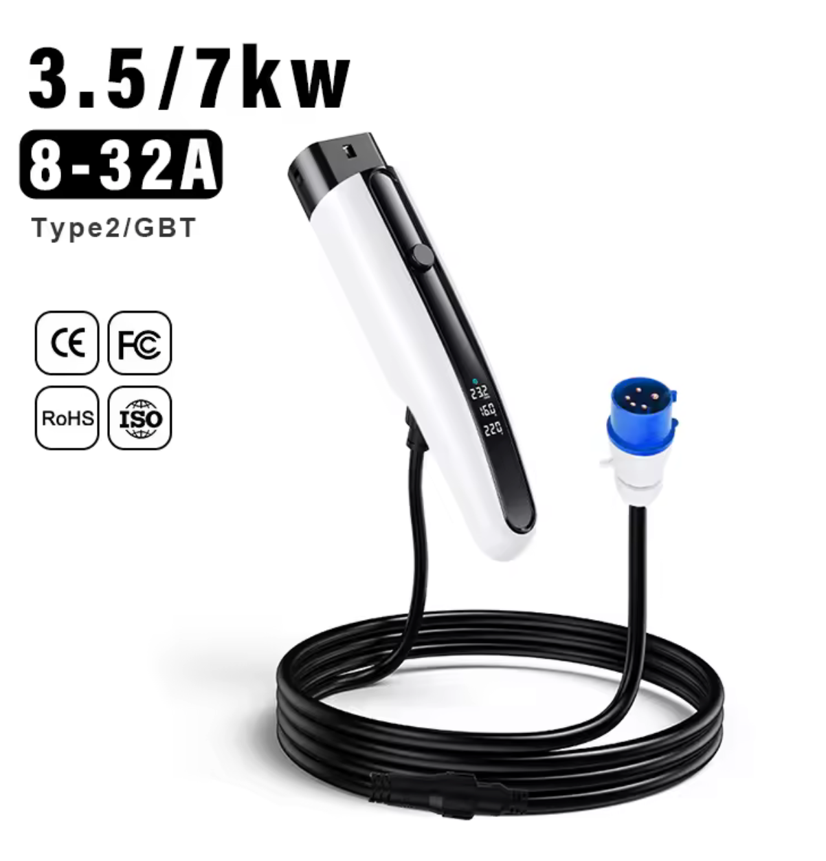 Pluxaro 7KW 32A Type 2 EV Charger Cable